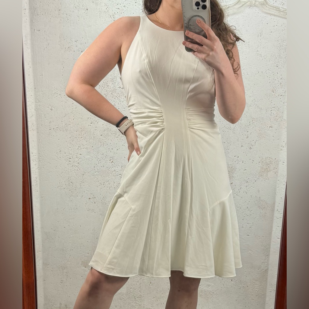 Halston Heritage Sleeveless Ruched Crepe Chalk White Mini Dress New With Tags 12